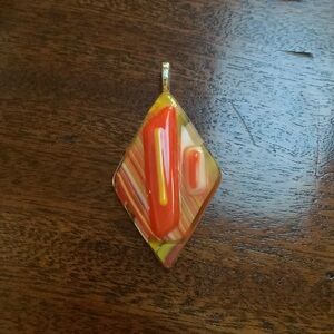 Pendant glass fused  diamond shaped. Yellow/orange and white
